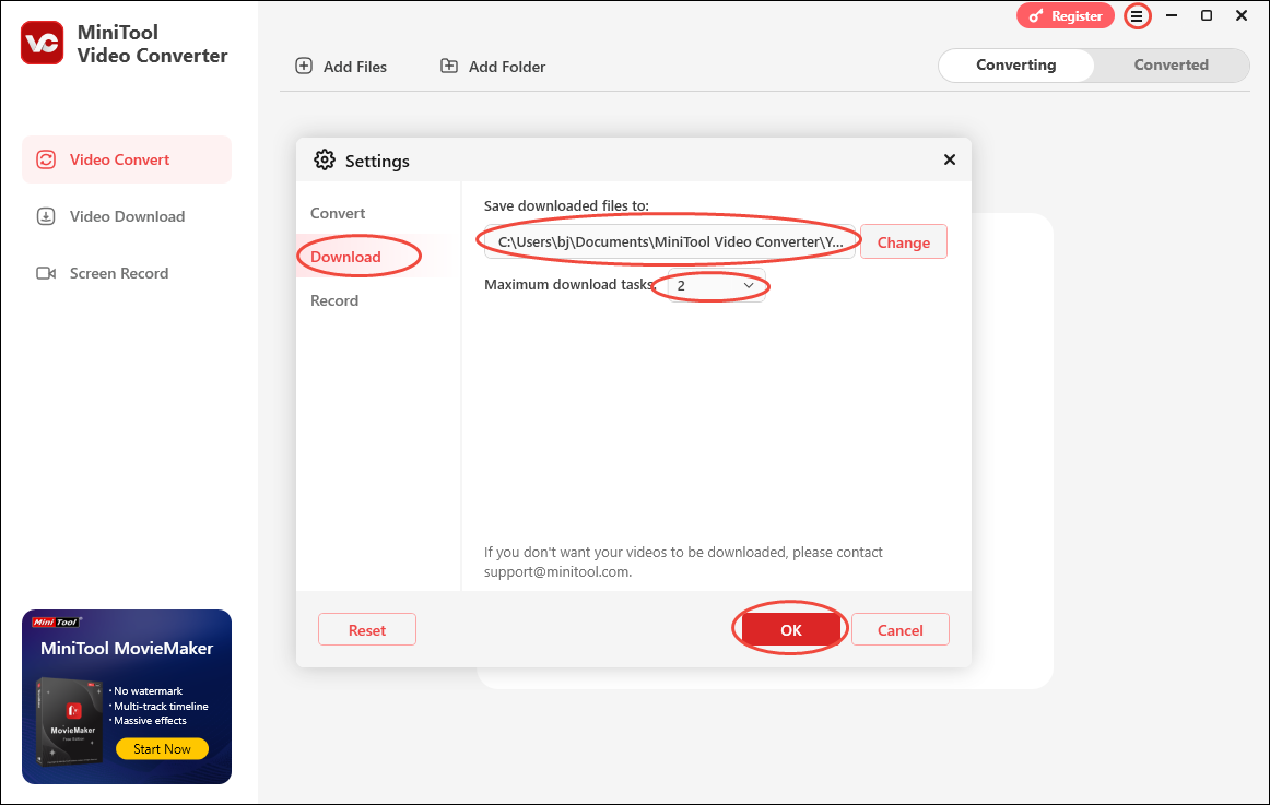 Configure the download settings in MiniTool Video Converter