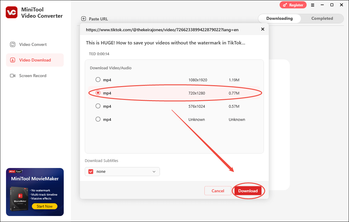 Choose the HD resolution and click on the Download button in MiniTool Video Converter to start the download process