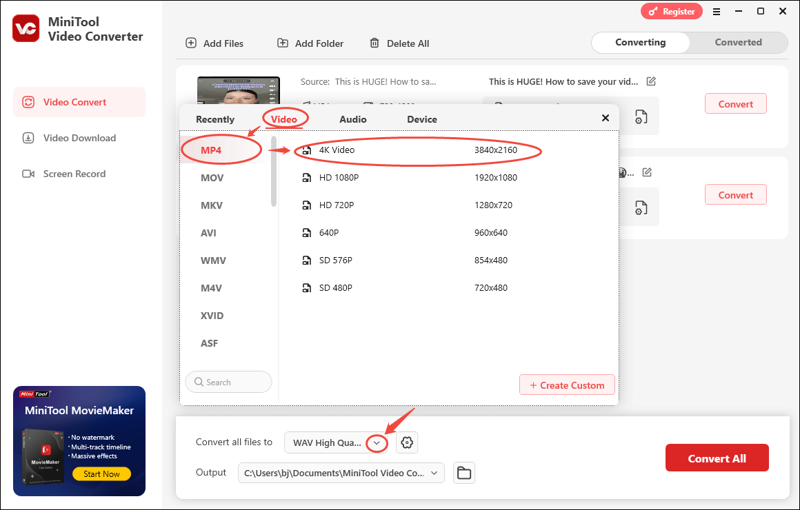 Expand the Convert all files to option in MiniTool Video Converter to enter the output format window and choose MP4 4K as the output format
