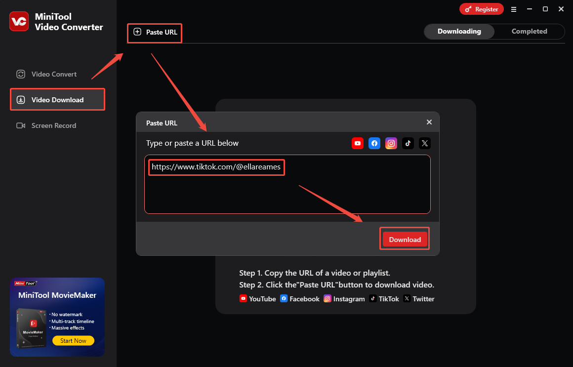 Click the Past URL option in the Video Download section to paste the copied TikTok URL into MiniTool Video Converter