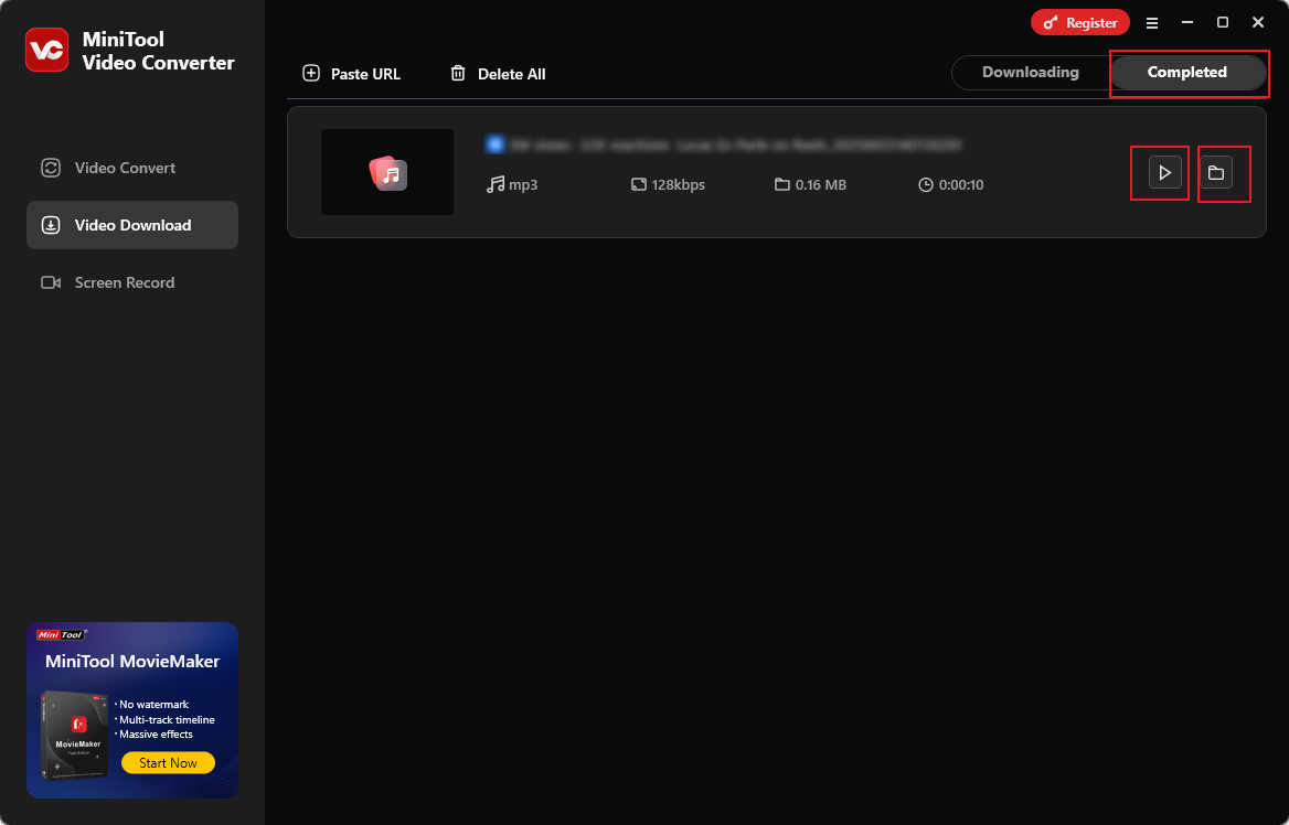 Click the Play icon to play the saved TikTok MP3 audio or click the Folder icon to locate the saved TikTok MP3 file under the Completed subtab of MiniTool Video Converter