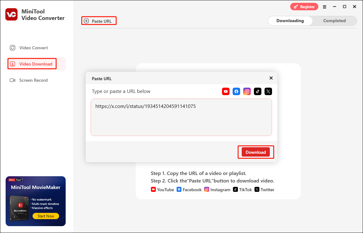 Click Video Download, Paste URL, and Download button to analyze the video link in MiniTool Video Converter