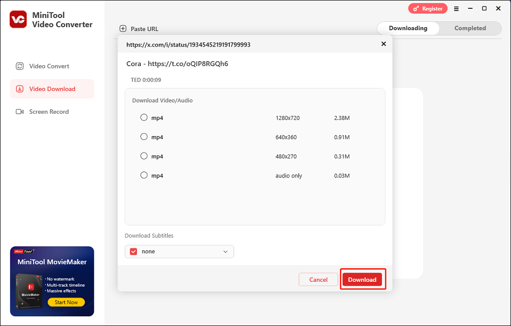 Click Download to start the Twitter link download task in MiniTool Video Converter