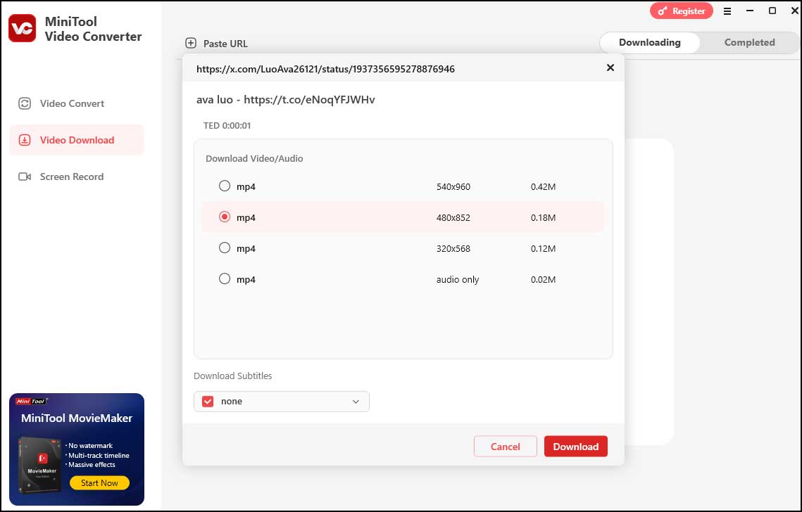 Choose an output format for the downloaded video and click Download