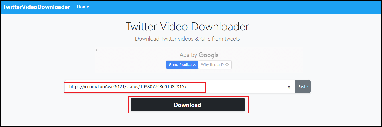 Paste the URL into the input box and click the Download button in Twitter Video Downloader site