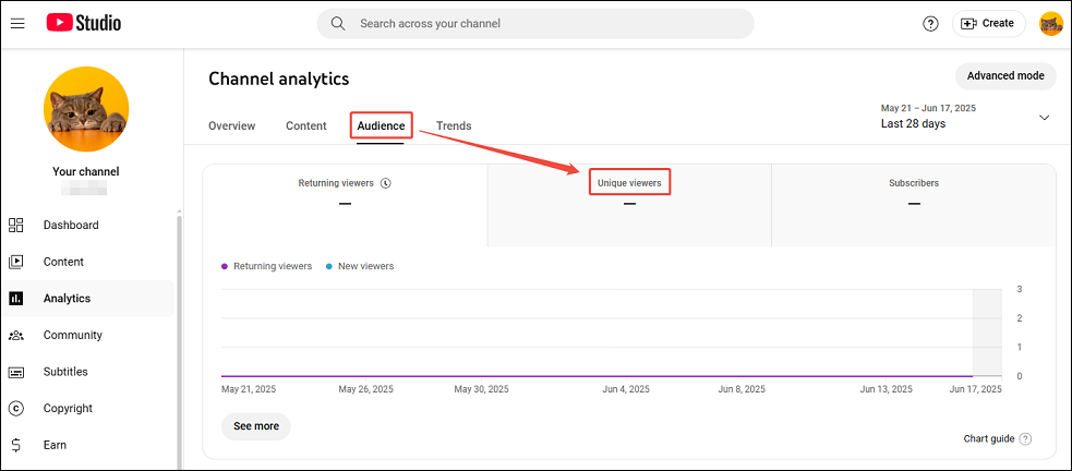 View Unique viewers under the Audience tab in YouTube Studio