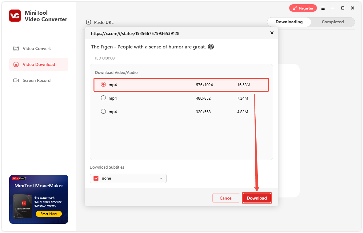 Choose the mp4 option in the pop-up window and click Download in MiniTool Video Converter