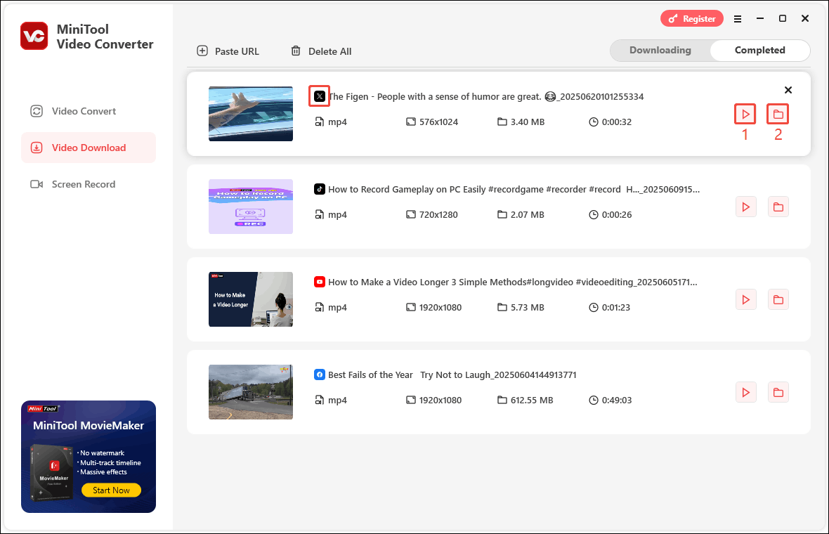 In MiniTool Video Converter, find the saved video under the Completed tab, click the play icon to preview the video, and click the folder icon to locate the saved video