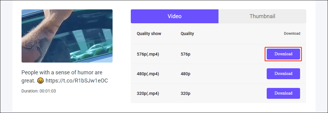 Choose the video quality and click Download on viddown.net