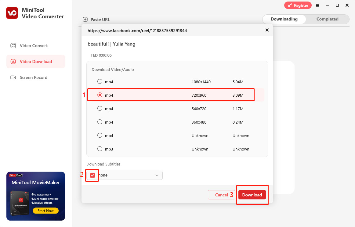 Videoqualität und -format vor dem Herunterladen konfigurieren