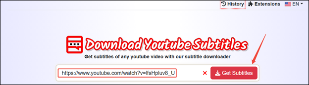 Paste the YouTube video link and click on Get Subtitles in Youtubesubtitles