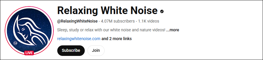 The channel homepage of Relaxing White Noise