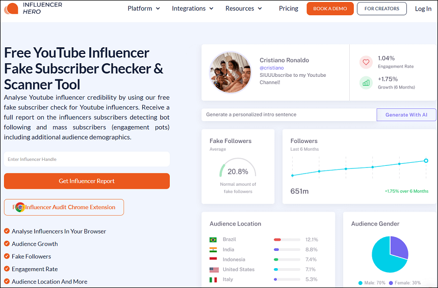 The website homepage of Influencer Hero’s YouTube fake subscriber checker