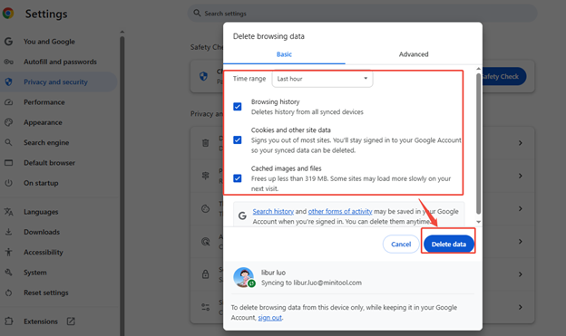 Select the time range and check the boxes for Cached images and files. Then click Delete data to clear the cache in the browser