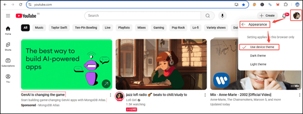 Click on profile > Appearance > Use device theme in YouTube