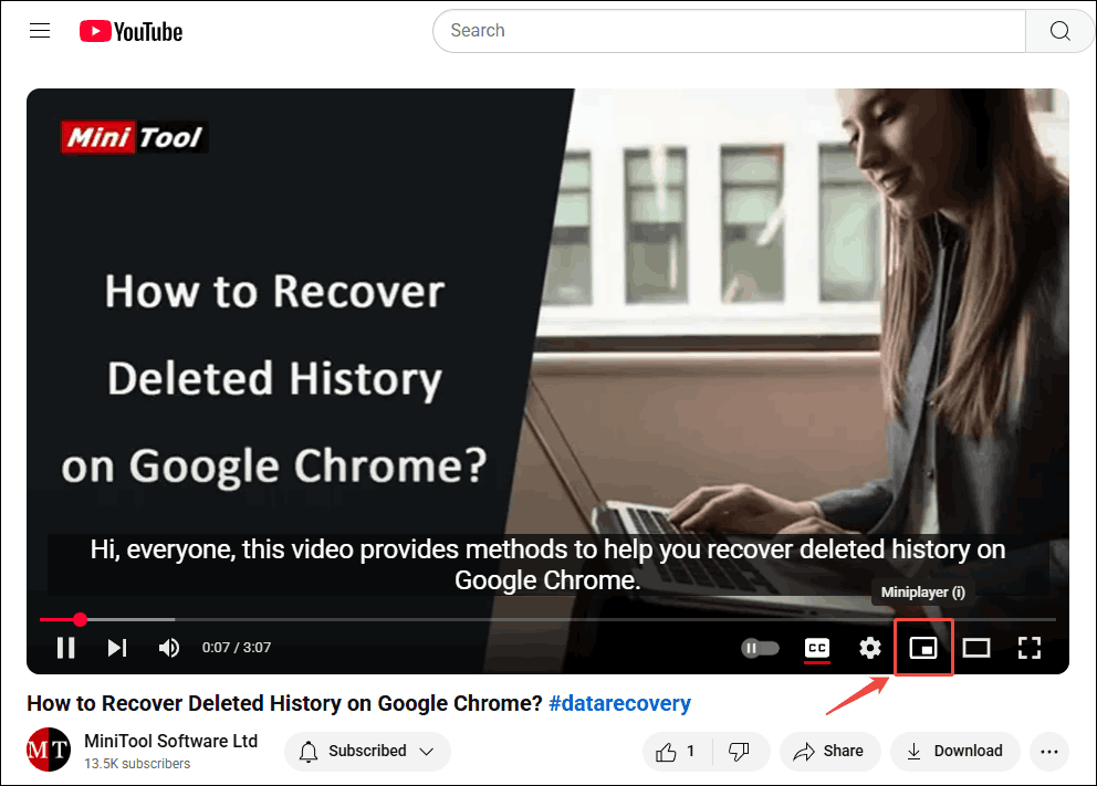 Click the Miniplayer icon at the bottom right of the YouTube video player
