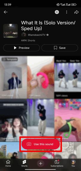 Tap the Use this sound button to record a video in the YouTube app
