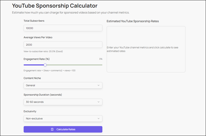 The website homepage of Taz AI’s YouTube sponsorship calculator