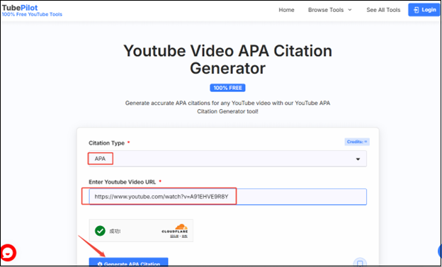 Choose APA citation type, paste the video link, and click on Generate APA Citation in TubePilot