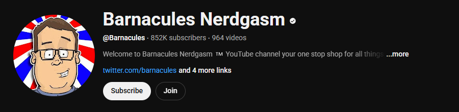 The YouTube channel homepage of Barnacules Nerdgasm