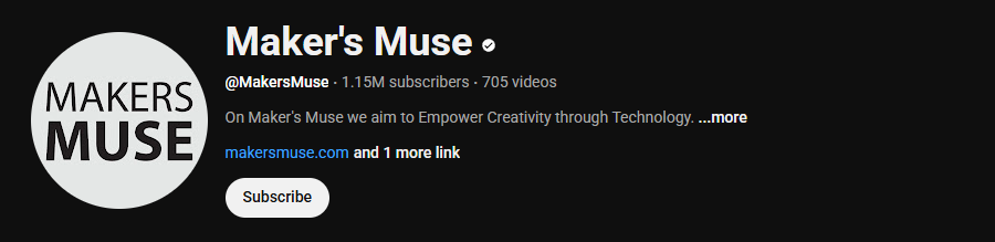 The YouTube channel homepage of Maker’s Muse