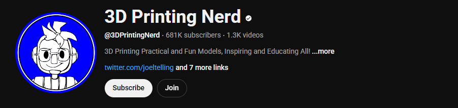 The YouTube channel homepage of 3D Printing Nerd