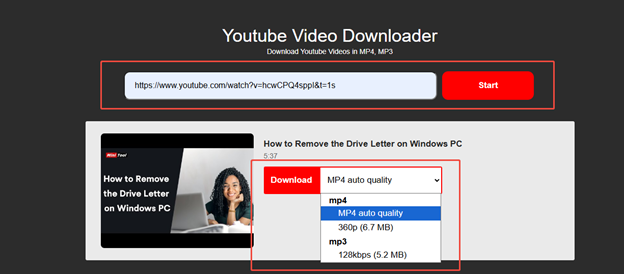Paste YouTube URL, click on Start, choose output format, and click on Download in 9Convert