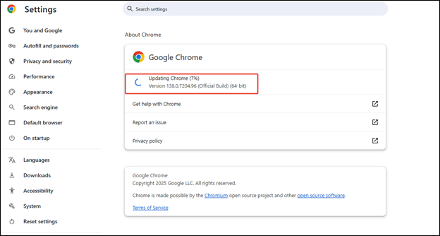 Click on the three dots > Help > About Google Chrome to check the updates of Google Chrome
