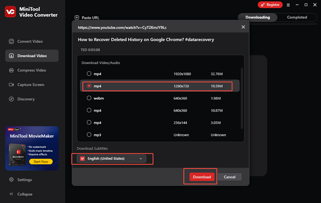 Choose an output format and resolution, decide whether to download subtitles, and click on Download to download the video in MiniTool Video Converter