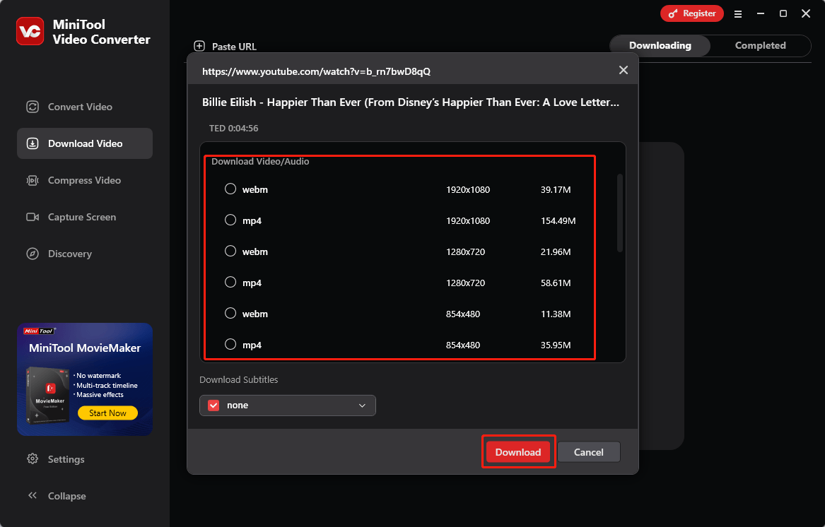 Wählen Sie das Ausgabeformat und klicken Sie auf Download, um YouTube-Videos im MiniTool Video Converter herunterzuladen