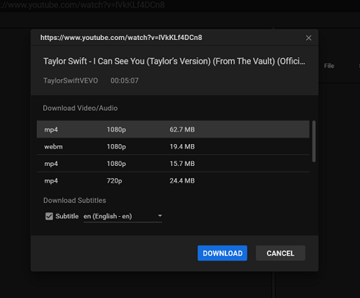 selecione o formato para descarregar o vídeo do YouTube