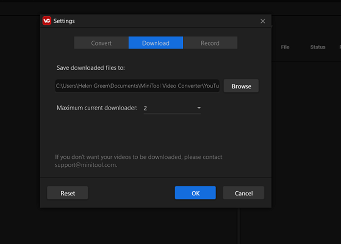Definições de download de vídeos do YouTube