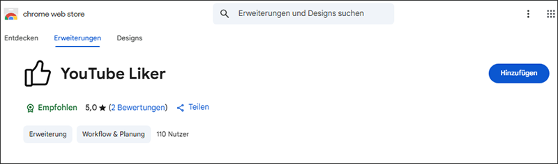 YouTube Liker-Erweiterung im Chrome Web Store