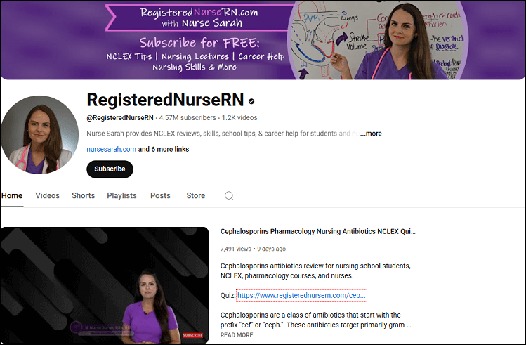 The channel homepage of RegisteredNurseRN on YouTube