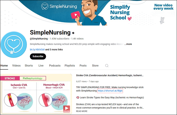 The channel homepage of Simple Nursing on YouTube
