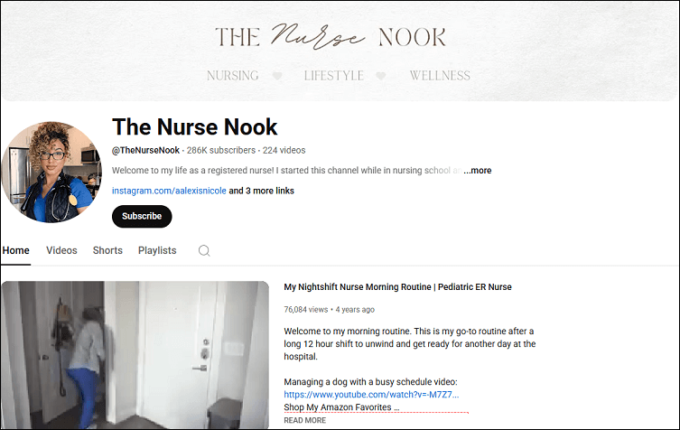 The channel homepage of The Nurse Nook on YouTube
