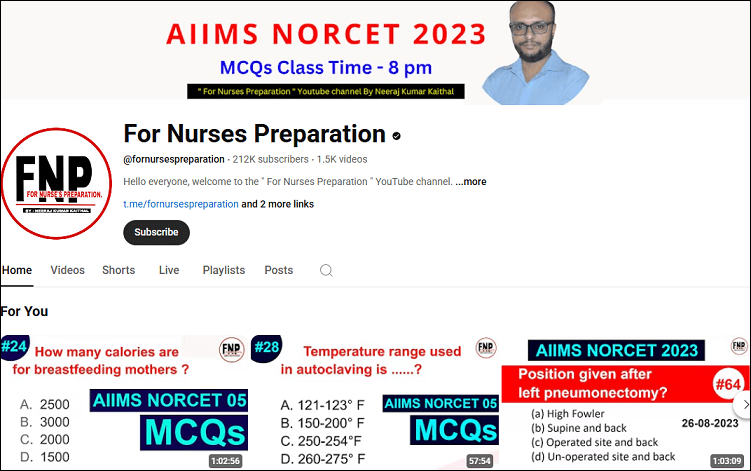 The channel homepage of For Nurses Preparation on YouTube