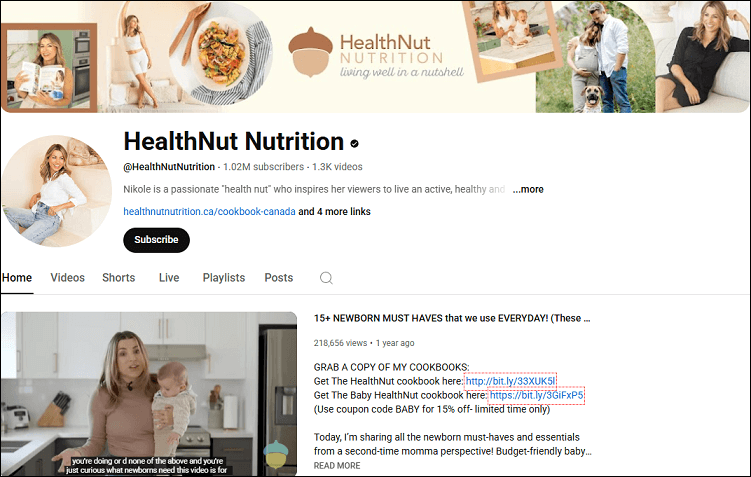 The channel homepage of HealthNut Nutrition on YouTube