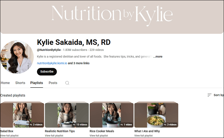 The channel homepage of Kylie Sakaida, MS, RD on YouTube