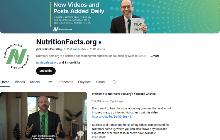 The channel homepage of NutritionFacts.org on YouTube