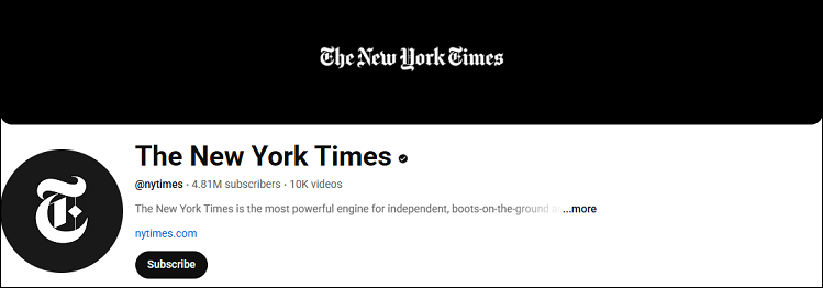 The channel homepage of The New York Times on YouTube