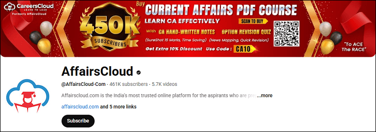 The channel homepage of AffairsCloud on YouTube