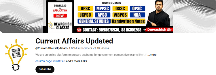 The channel homepage of Current Affairs Updated on YouTube