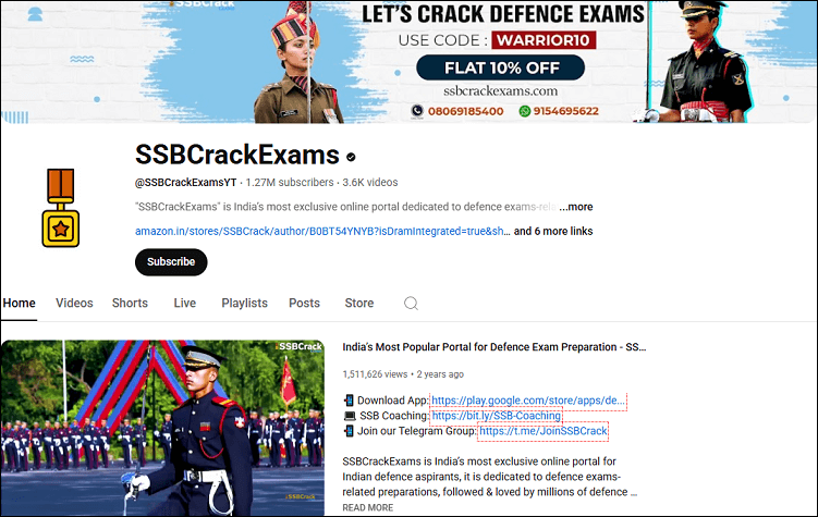The homepage of the SSBCrackExams channel on YouTube