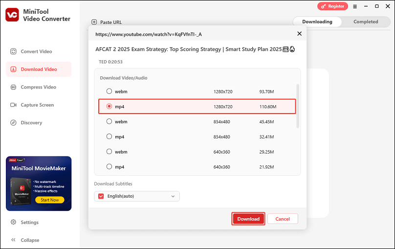 Choose the output format and resolution, and click Download in MiniTool Video Converter