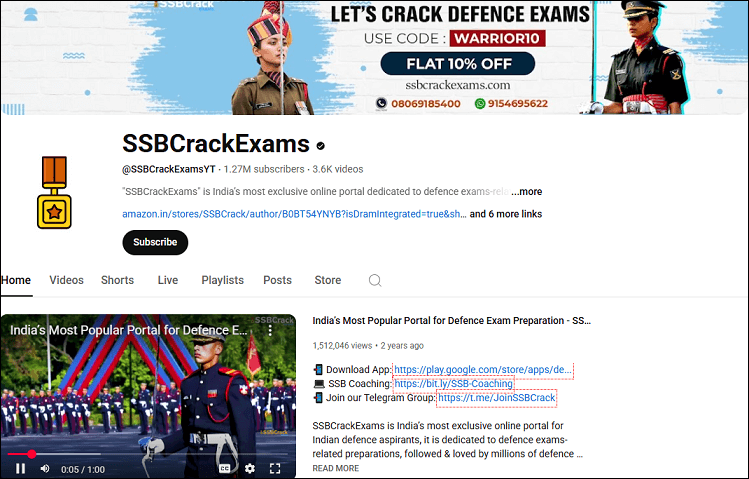 The channel homepage of SSBCrackExams on YouTube
