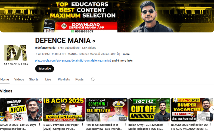 The homepage of the DEFENCE MANIA channel on YouTube