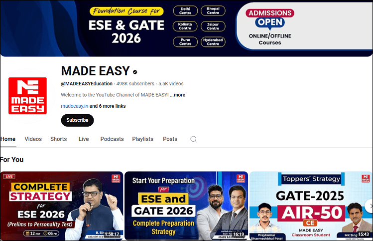 The channel homepage of MADE EASY on YouTube