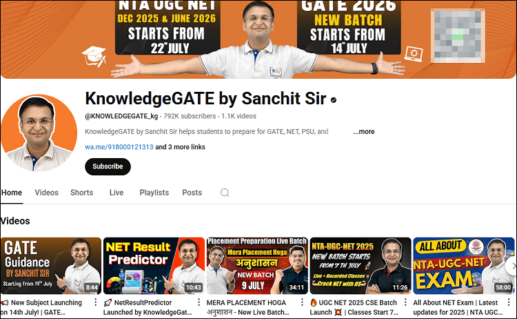 The channel homepage of KnowledgeGATE by Sanchit Sir on YouTube