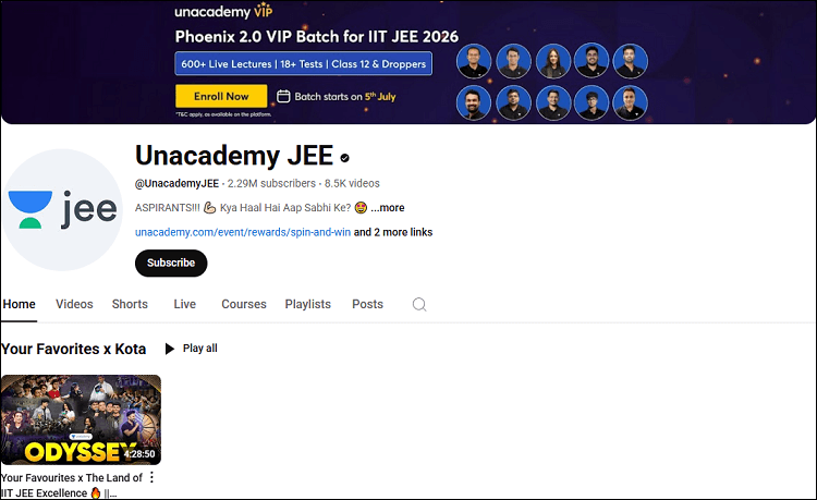 The homepage of the Unacademy JEE channel on YouTube